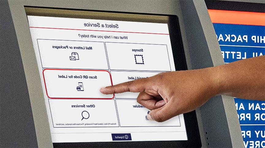 Hand pointing to the Label Broker menu option to 'Scan QR Code for Label' on a self-service kiosk.