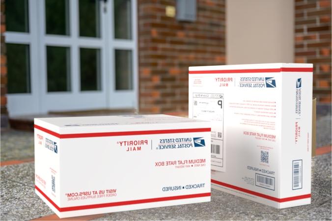 Priority Mail boxes on a house porch awaiting pickup.